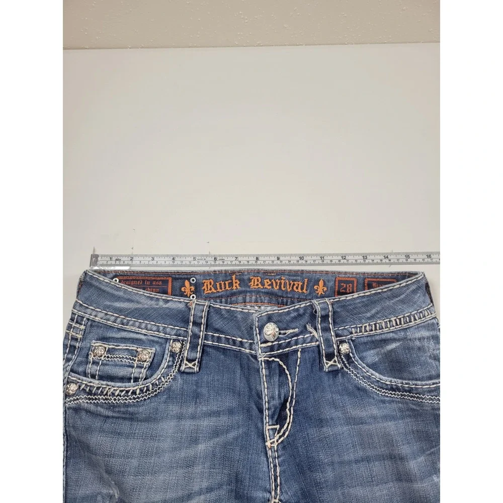 Rock Revival Bianca Bootcut Jeans‎ Womens 28 Blue Excellent Fleur-De-Lis Stitch